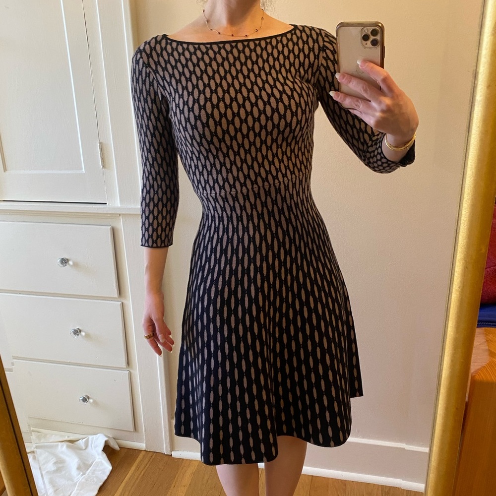 Tahari Black and Tan Geometric 3/4 Sleeve Dress